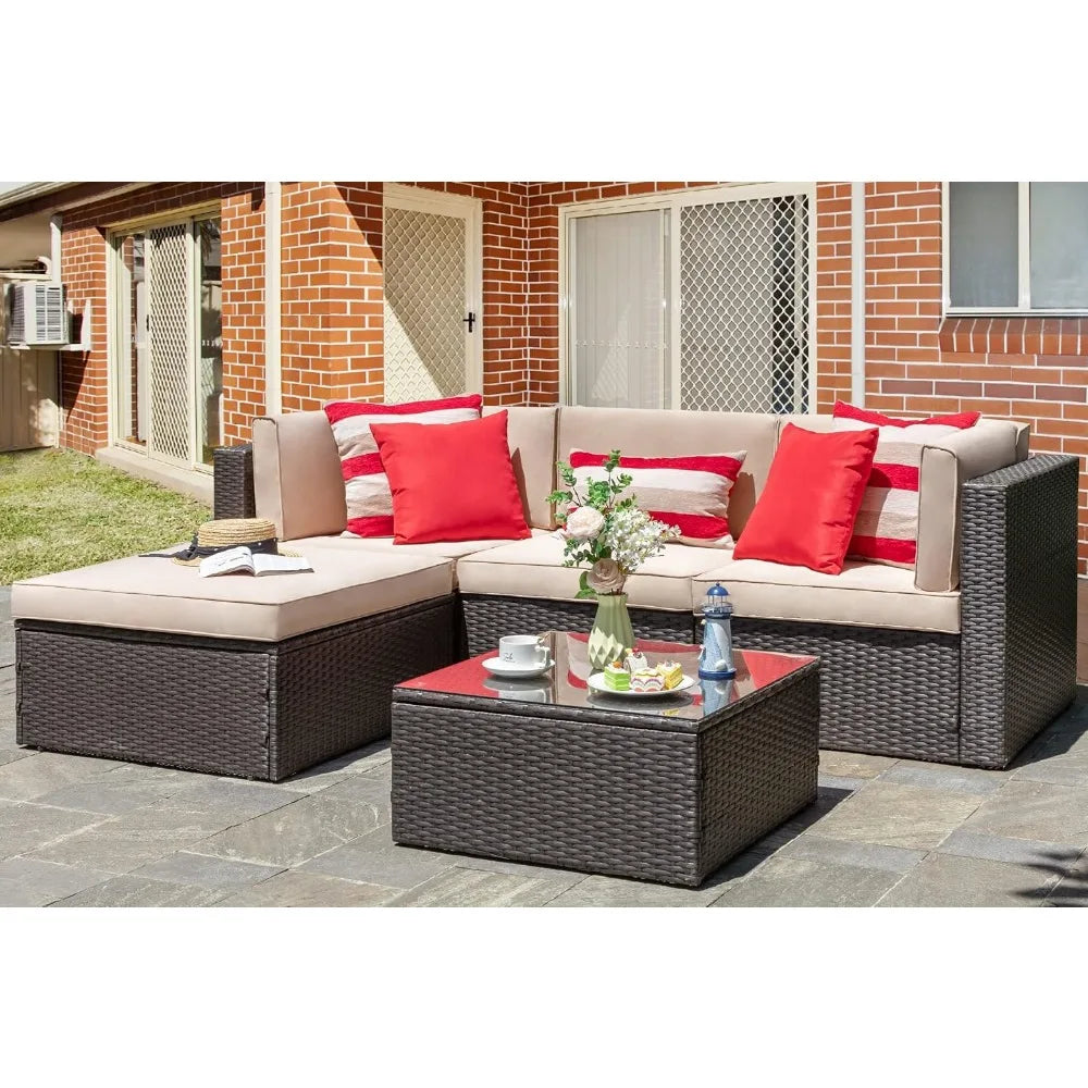 5-Piece Patio Set: All-Weather Brown PE Wicker Sectional Couch - Outdoor Conversation Group for Garden & Patio