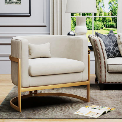 Velvet Upholstered Accent Chair with Gold Frame, Modern Barrel Armchair for Bedroom, Living Room, or Vanity Corner