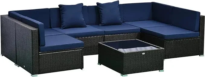 7-Piece Patio Furniture Set, Outdoor Wicker Conversation Set, All Weather PE Rattan Sectional Sofa Set with Glass Table, Pillows