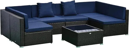 7-Piece Patio Furniture Set, Outdoor Wicker Conversation Set, All Weather PE Rattan Sectional Sofa Set with Glass Table, Pillows