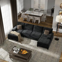 Sectional Couches for Living Room Convertible U-Shaped Sofa with Double Chaise 4 Seat Modular Sofa Set for Apartment Black