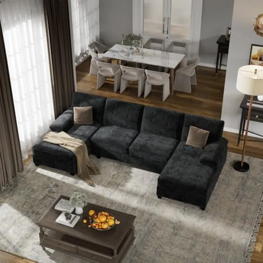 Sectional Couches for Living Room Convertible U-Shaped Sofa with Double Chaise 4 Seat Modular Sofa Set for Apartment Black