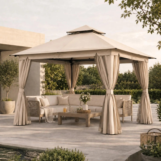 10'x13' Outdoor Gazebo, Heavy Duty Metal Patio Canopy Tent Shelter with Double Roof, Mosquito Netting & Privacy