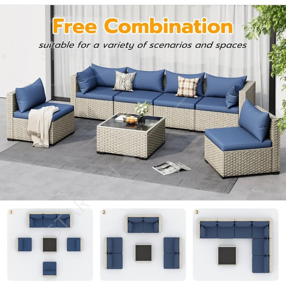 Seven Piece Patio Set, Modular Sectional Sofa Design, Includes Tea Table, PE Wicker Outdoor Conversation Group For Patio Use