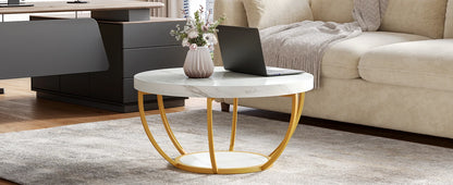 32" Circle Marble Coffee Tables, 2-Tier Golden Metal Legs Accent Center Table with Open Storage Modern Design Home Furniture