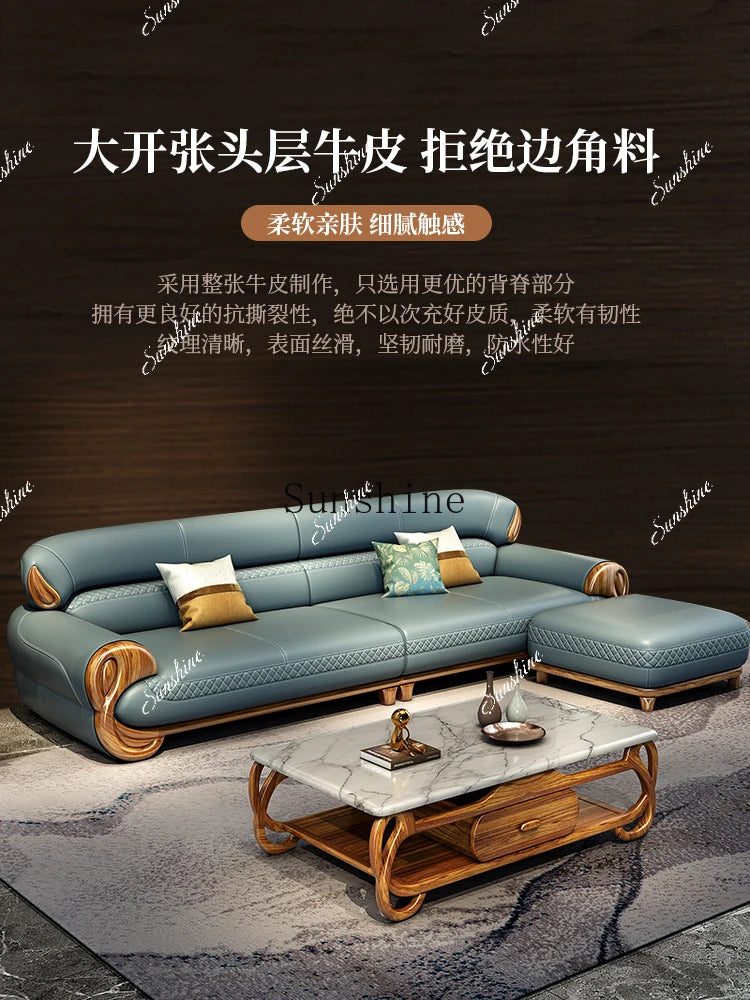 Ebony leather sofa new Chinese modern light luxury high-end small apartment straight row  FT