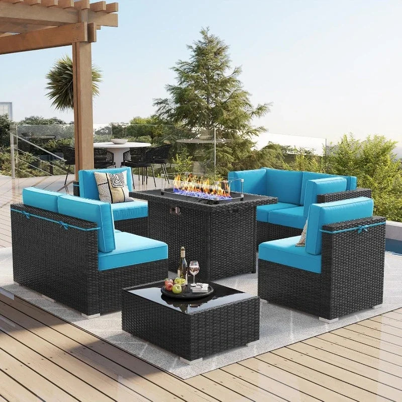 High quality 8 Piece Patio Furniture Set with 44" Propane Gas Fire Pit Table, Outdoor Sectional Conversation Set Wicker Rattan
