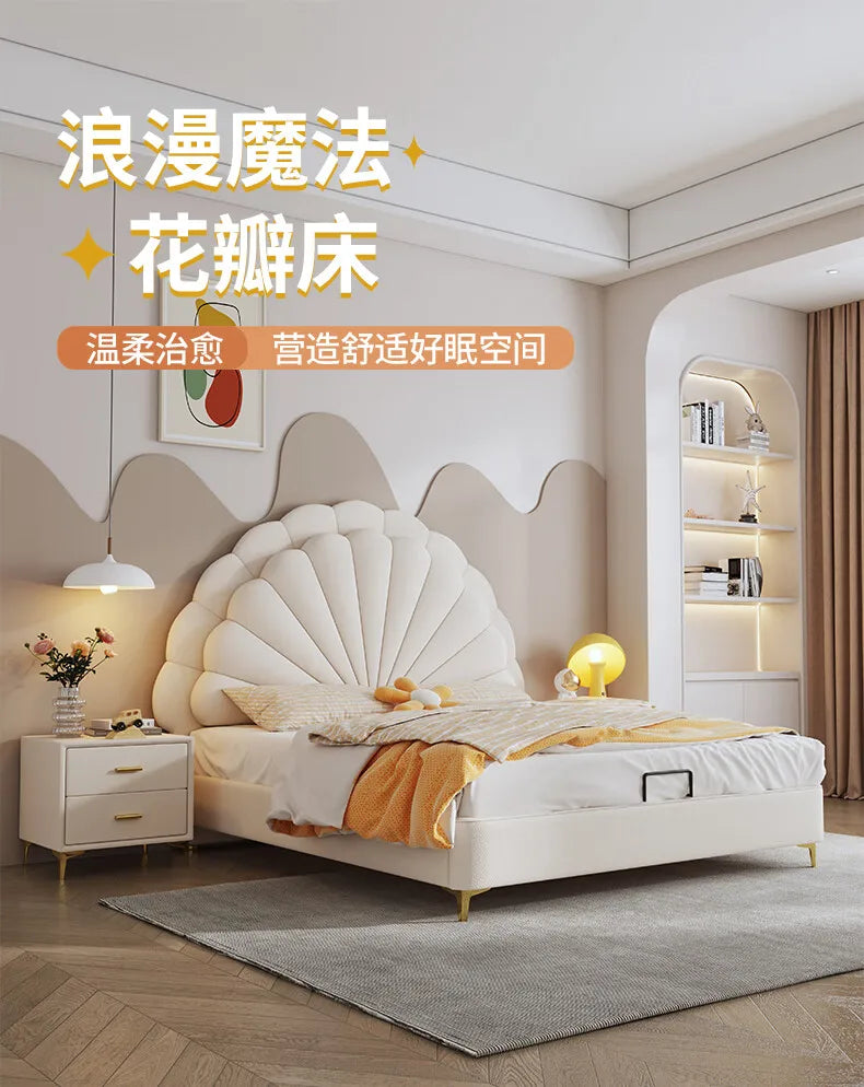 cheap Luxury Leather Princess Petal Bed with LED Lights queen bed frames 120x200cm 135x200cm 150x200cm 180x200cm Beds Furniture