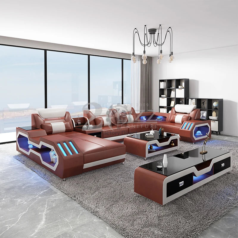 Modern Design Leather Couch Sectional Living Room Sofa Set Furniture with LED