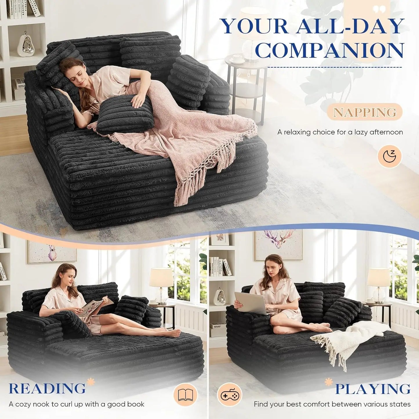Oversized Chaise Lounge Indoor, Modern Plush Corduroy Fabric Deep Seat Boneless Memory Foam Sleeper Chaise Lounge Sofa Chair wit