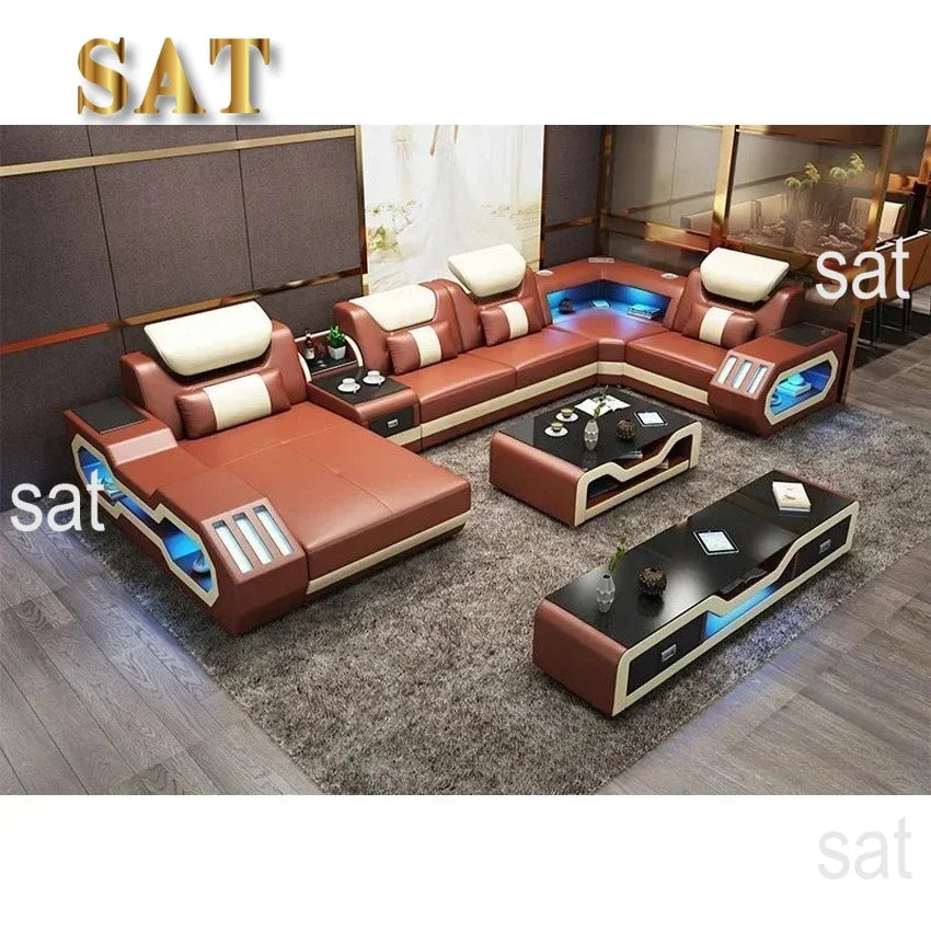 Modern LED Lighted Sofa Set with Recliner, Adjustable Headrest & Console | Luxury Leather Sectional Couch | Futuristic Furniture