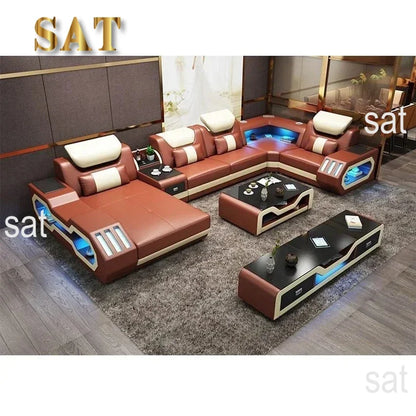 Modern LED Lighted Sofa Set with Recliner, Adjustable Headrest & Console | Luxury Leather Sectional Couch | Futuristic Furniture
