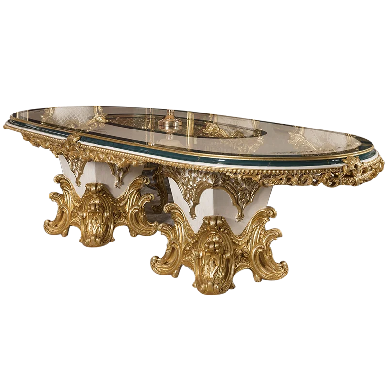 Upscale Royal Luxury Restaurant Furniture Set Custom Classical Wooden Gold Leaf Dining Table