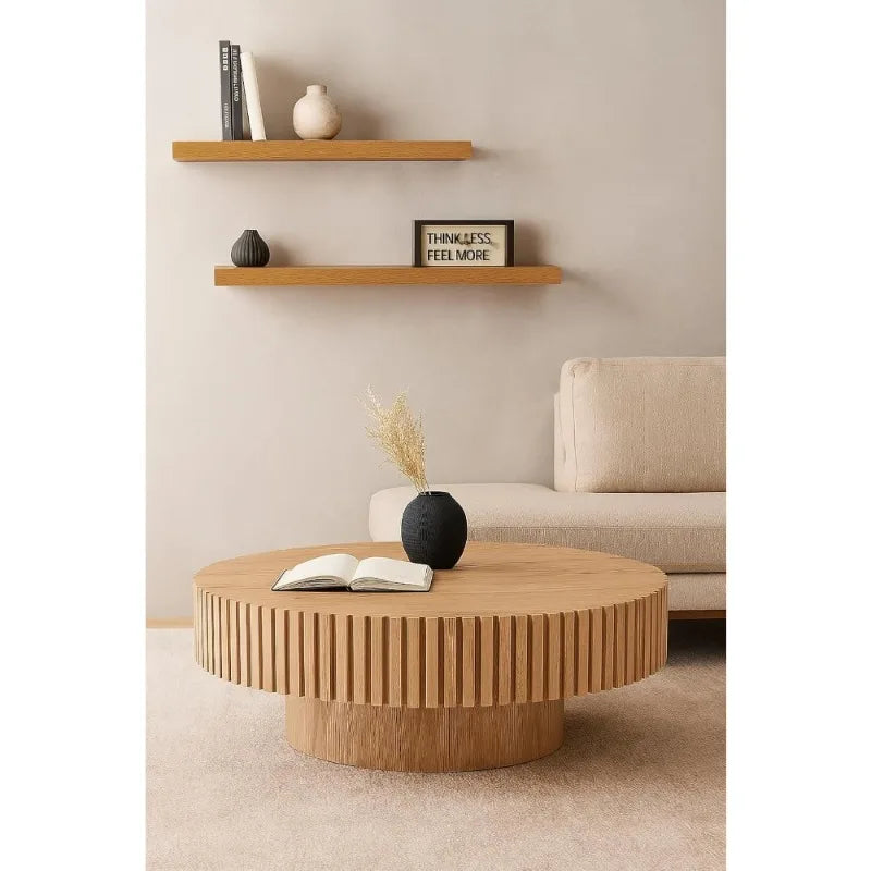Round Coffee Table for Living Room Contemporary Wood Circle Fluted Coffee Table for Apartment, Easy Assembly - HOME