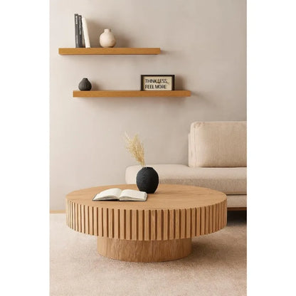 Round Coffee Table for Living Room Contemporary Wood Circle Fluted Coffee Table for Apartment, Easy Assembly - HOME