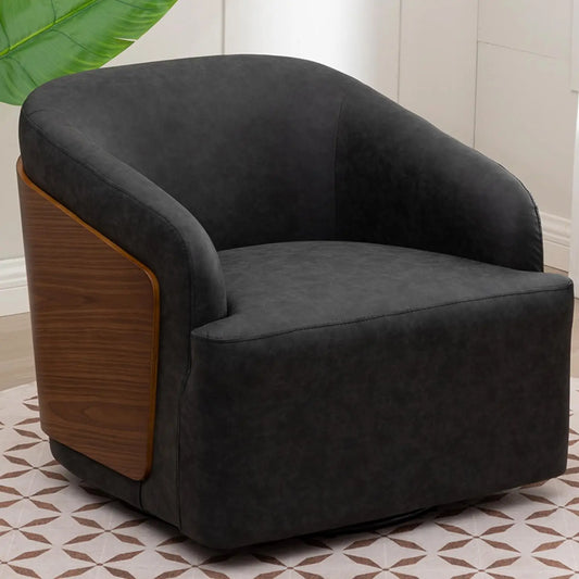 Swivel Accent Chair Faux Leather Swivel Barrel Chair Comfortable Mid Century Modern Chair Upholstered Metal Base, Customized