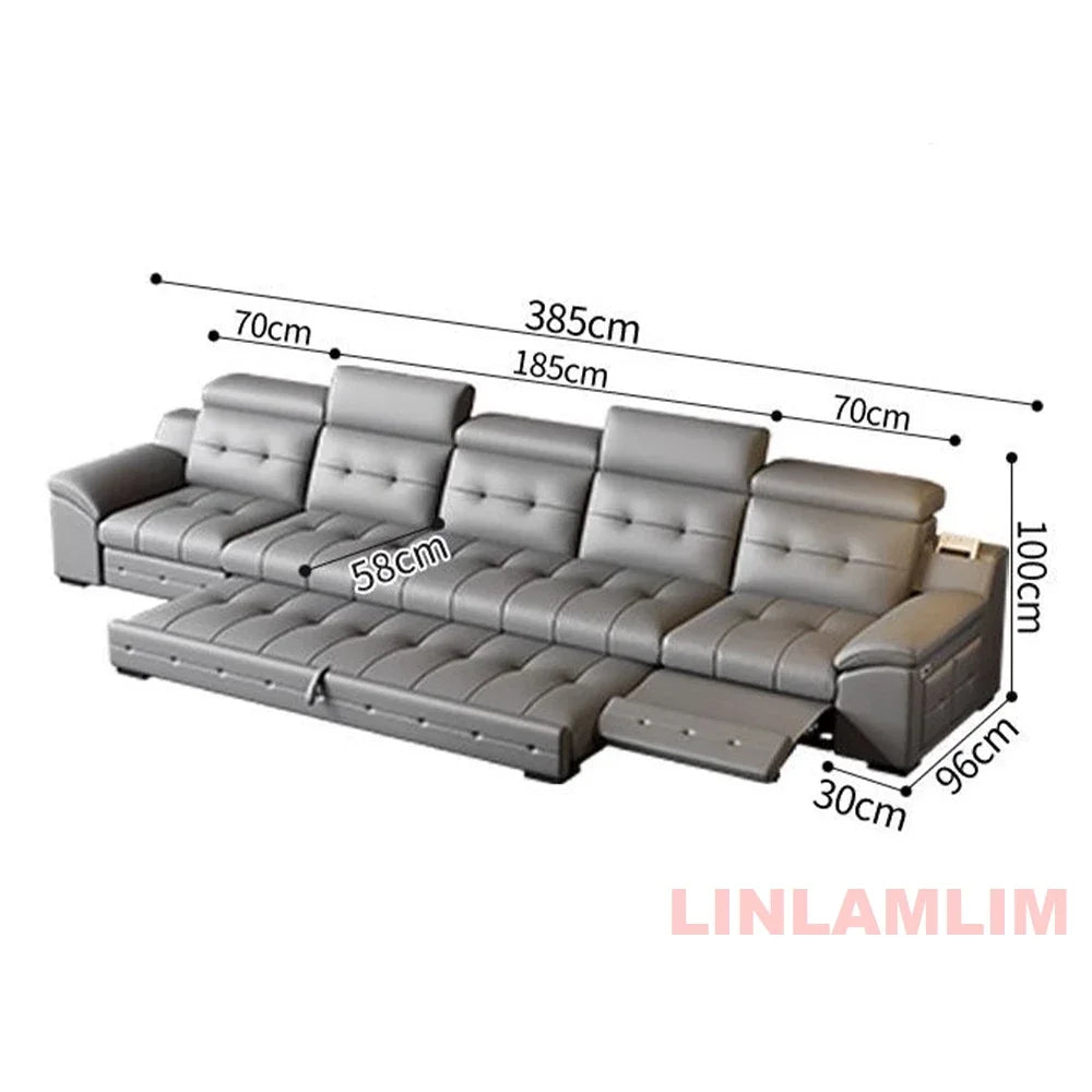 Electric Reclining Sectional Sofa Bed with Cup Holder & Adjustable Headrests – Italian Genuine Leather Convertible Sleeper Couch