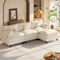 108 L-Shaped Chenille Sofa with Ottoman, Charging Station, Pockets & Pillows for Modern Living Rooms