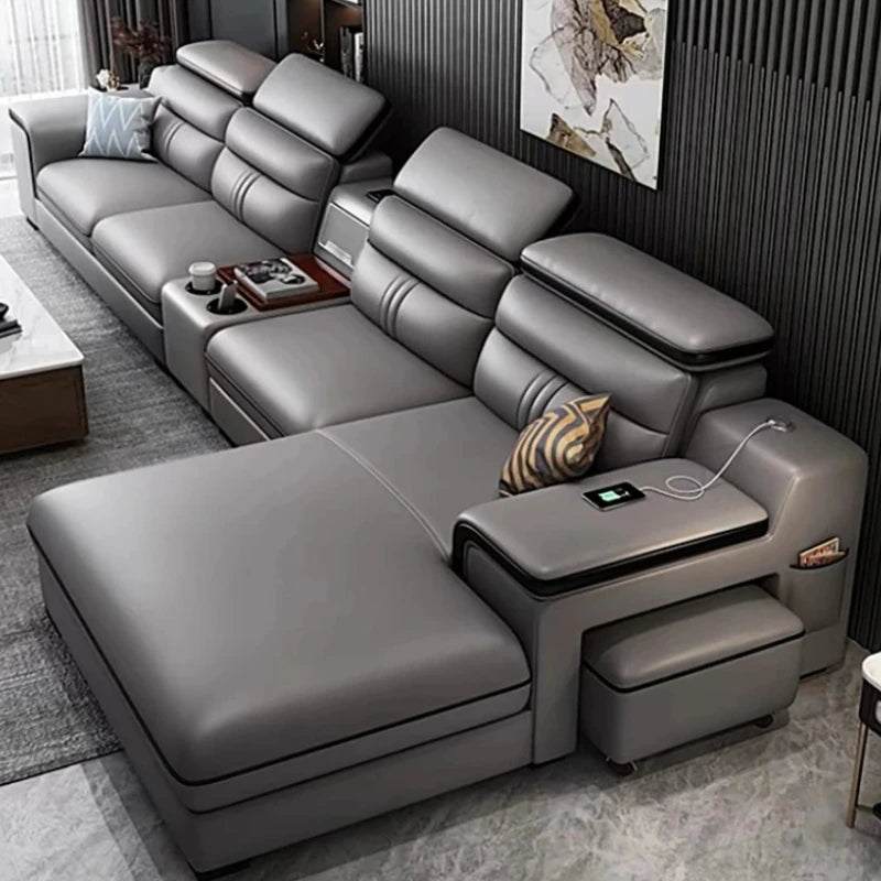 Genuine Leather Sofa Cowhide Modern Wireless Charging Smart Audio Sofa Living Room Corner Combination Divano Home Furniture