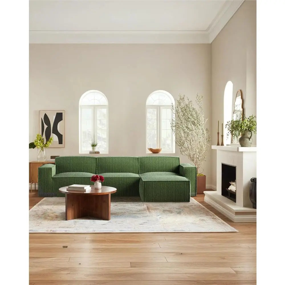 L-Shape Sectional Couch with Chaise & Ottoman, Deep Seat Sofa, Living Room/Bedroom, Ready to Use, Green Corduroy
