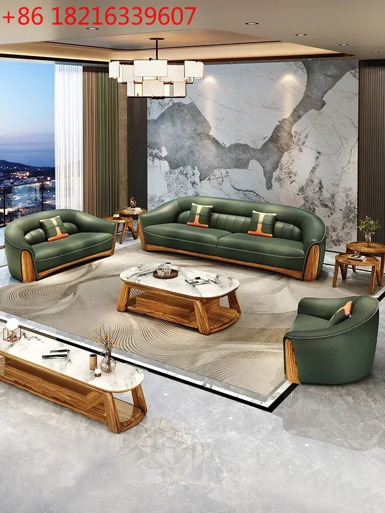 New Chinese Style Ugyen Wood Leather Sofa Large Apartment Combination New Furniture
