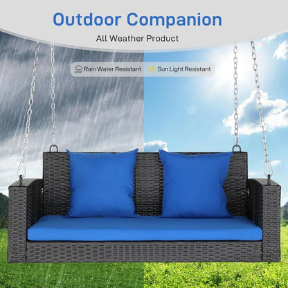 Porch Swing 2 Person Hanging Bench, Wicker Outdoor Swing Bench with Cushion and Pillow for Patio, Yard, Garden Hold Up to 800 l