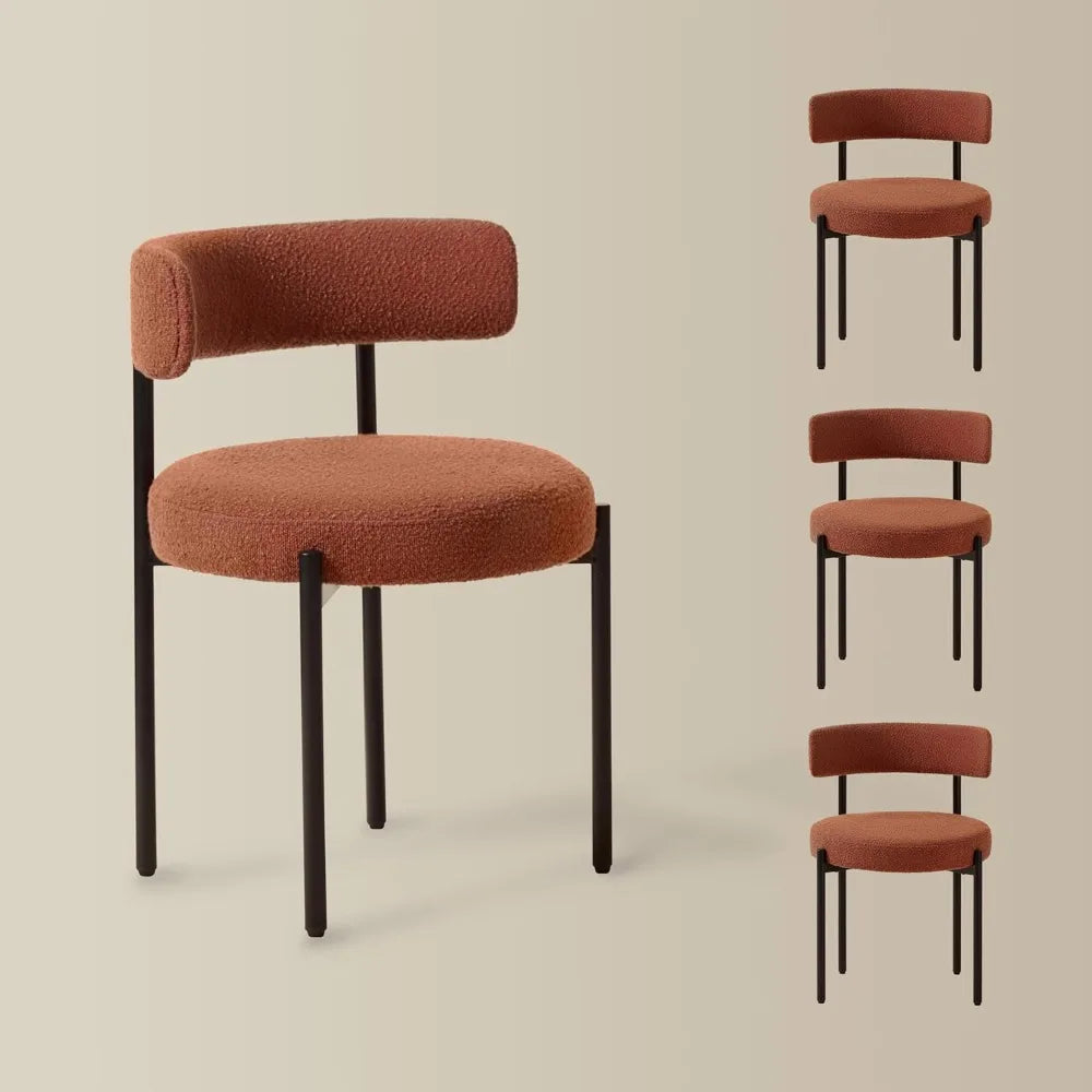 Boucle Dining Chairs Set of 4, Rust Dining Chairs with Upholstered Seat and Round Back, Mid-Century Modern Kitchen Chairs