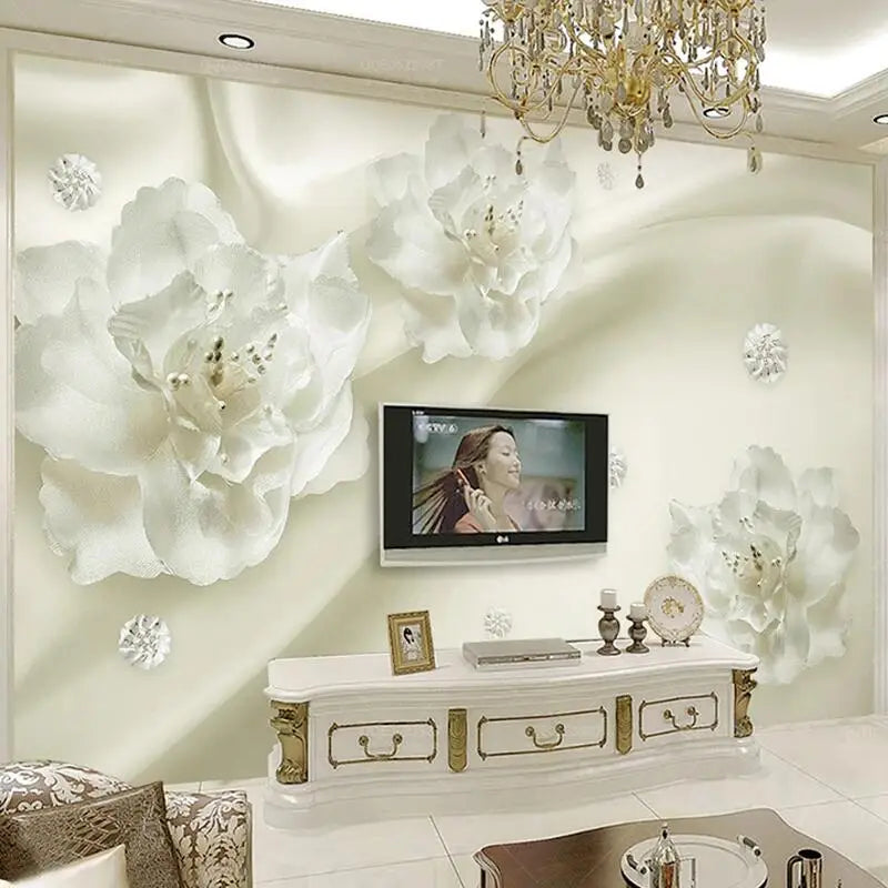 Photo Wallpaper European Style 3D Stereo Relief White Flowers Silk Wallpaper Hotel Living Room Interior Luxury Home Decor Murals