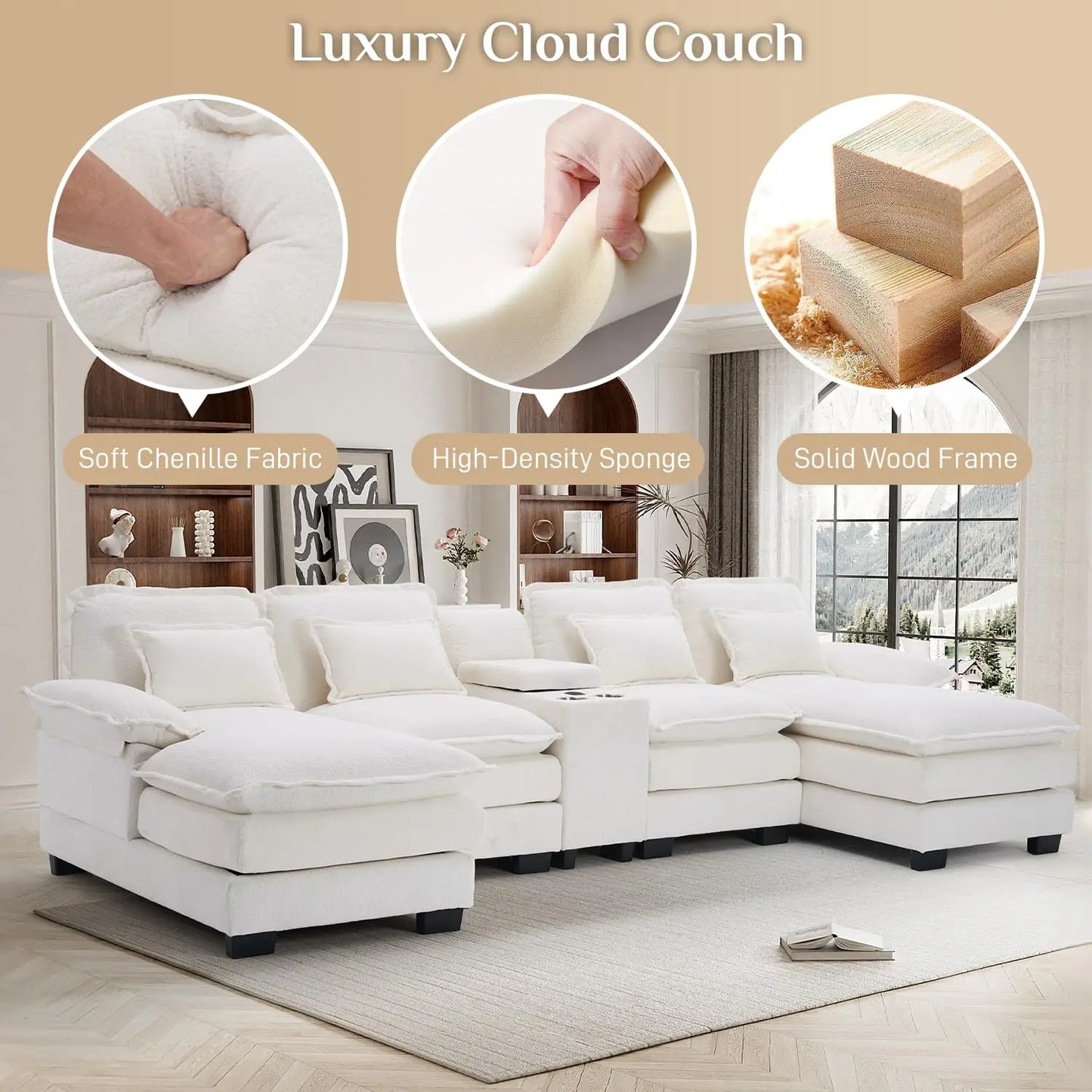 U Shaped Sectional Sofa 133" Modular Fluffy Chenille Double Chaise Lounge Central Console USB Port Living Room White Customized