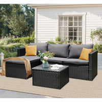 Patio Furniture Set 3 Piece Outdoor Sectional Patio Sofa, All-Weather Wicker Rattan Outdoor Furniture Set with Glass Table and
