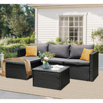 Patio Furniture Set 3 Piece Outdoor Sectional Patio Sofa, All-Weather Wicker Rattan Outdoor Furniture Set with Glass Table and