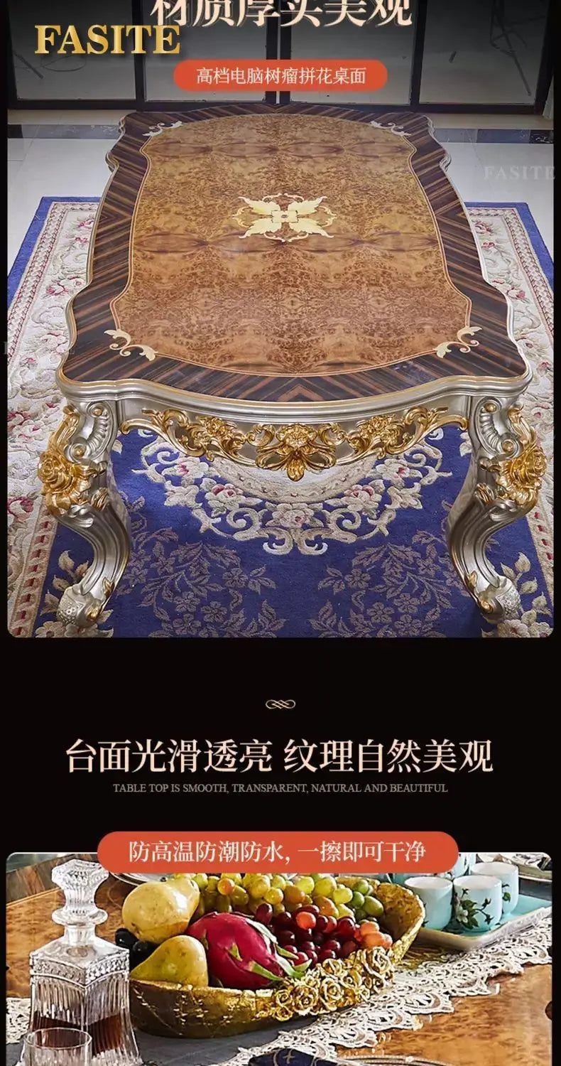 Premium European-style combination dining table and chairs all solid wood flower villa large-sized restaurant