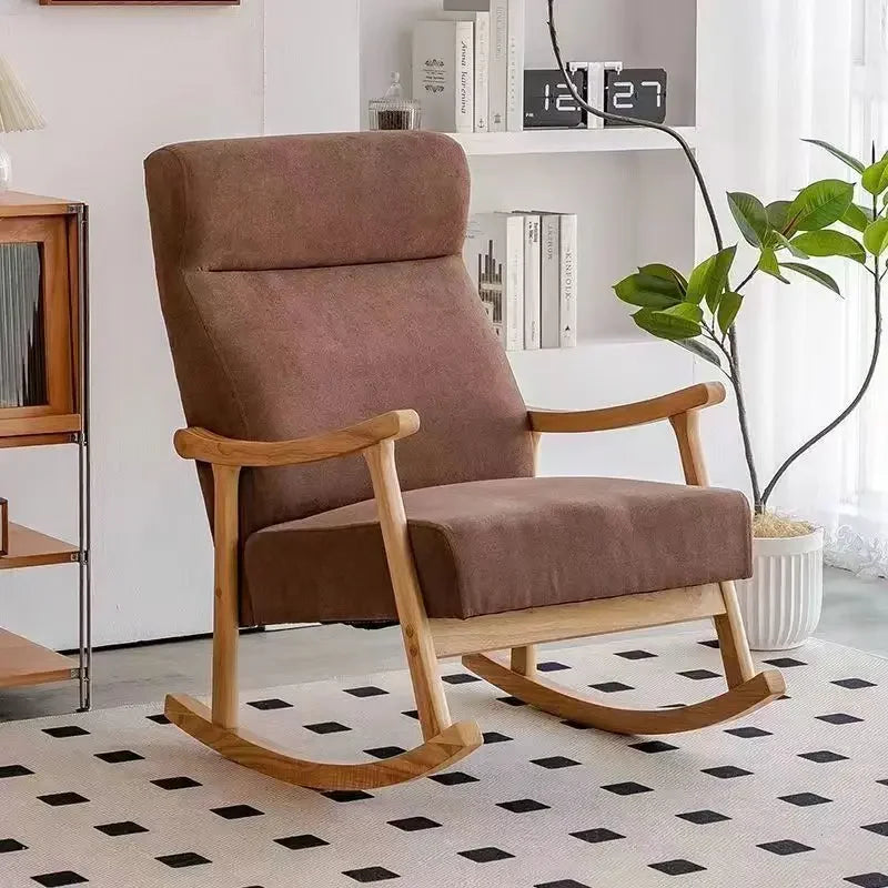 Wooden Rocking Chair Lounge Chair High Backrest Rocking Armchair Accent Chair with Lumber Pillow