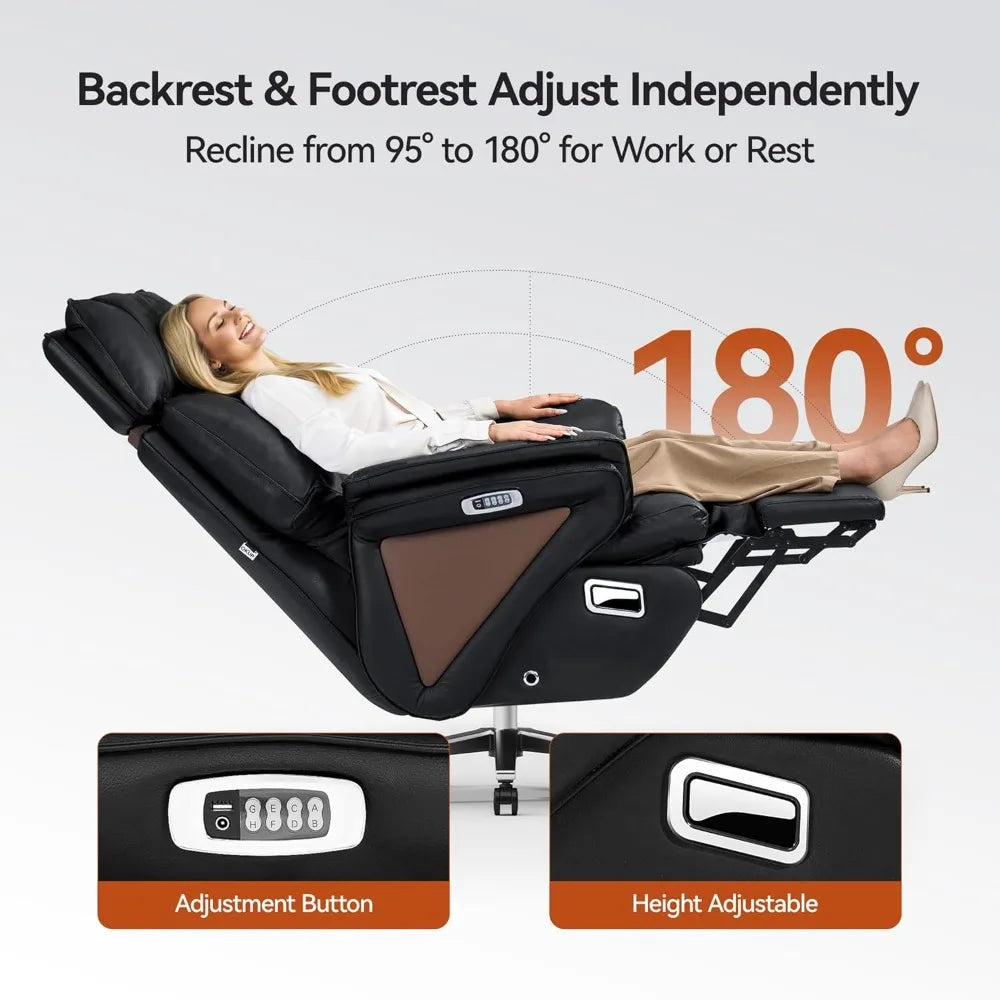 Dual Motor Electric Executive Office Chair with Heat Massage Ventilation, 180° Lay-Flat Reclining Office Chair with Footrest