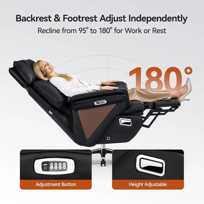 Dual Motor Electric Executive Office Chair with Heat Massage Ventilation, 180° Lay-Flat Reclining Office Chair with Footrest
