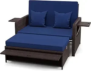 Wicker Patio Outdoor Daybed - Rattan Day Bed Lounger with Loveseat & Storage Ottoman, Sunbed Sofa Set w/Cushions, 4-Level Adjus