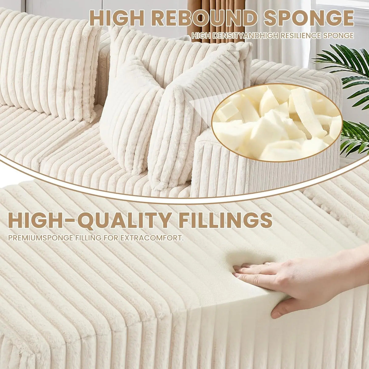 104 Inch Cloud Couch Sectional,Corduroy Boneless Couches For Living Room,L-Shaped Modular Sectional Sofa With Removable Ottoman