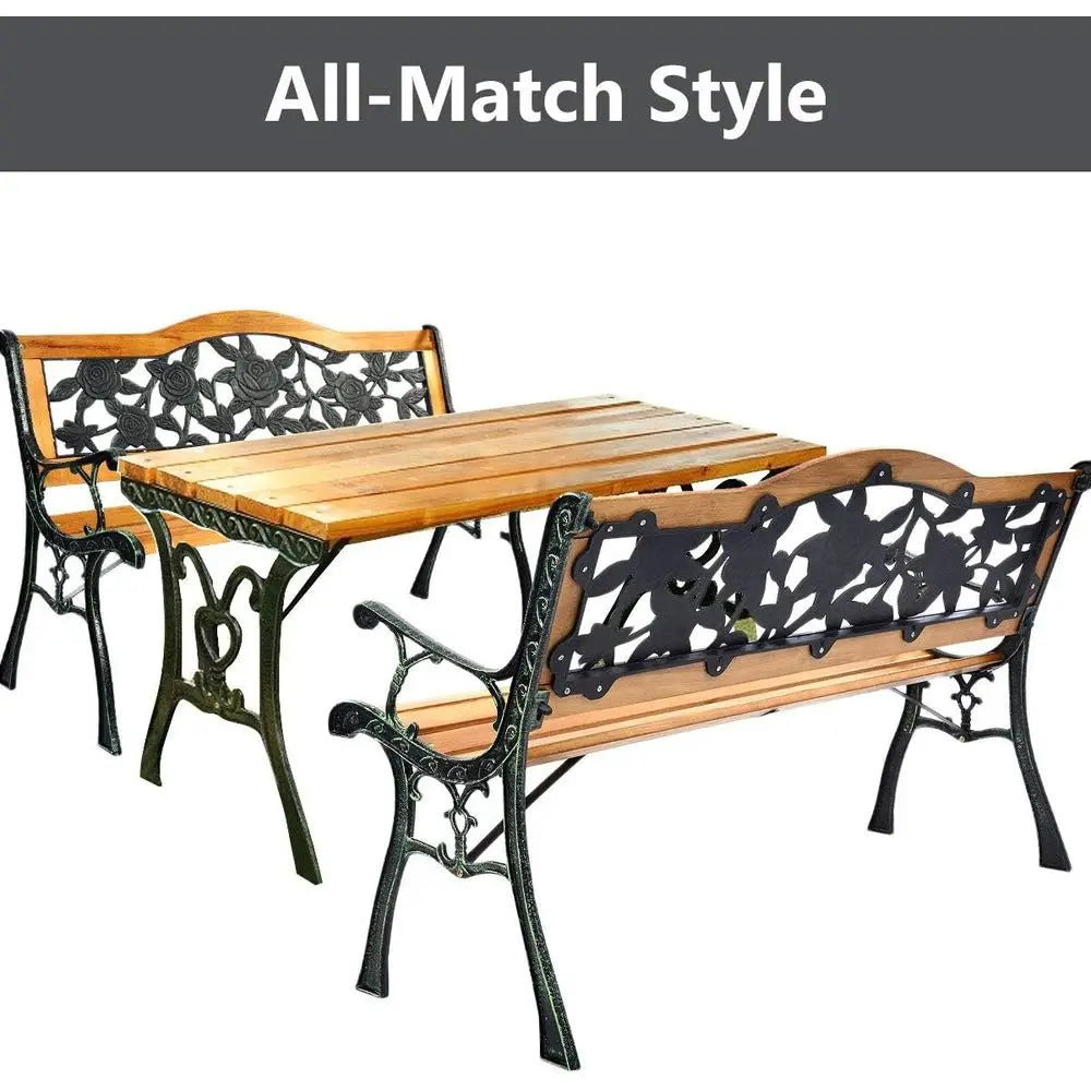 50 Outdoor Patio Bench, Cast Iron & Hardwood Loveseat, Weather-Resistant 2-Person Porch Furniture