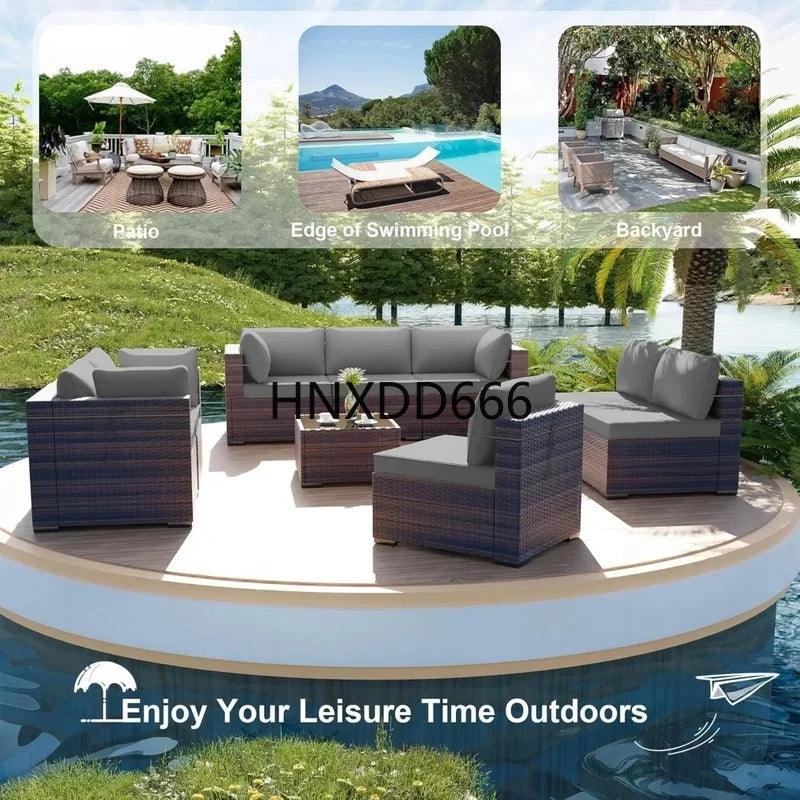 Outdoor Patio Sectional Sofa Set - 9 Piece Brown PE Rattan Conversation Furniture