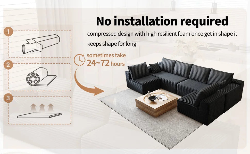 Cloud-style sectional sofa, with corduroy cover, fluffy memory foam cushions, easily assembled, modular recliner, large sofa set