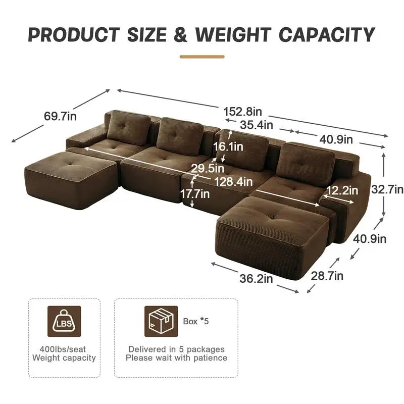 Cloud Modular Sectional Sofa with 2 Storage Ottomans 160.6