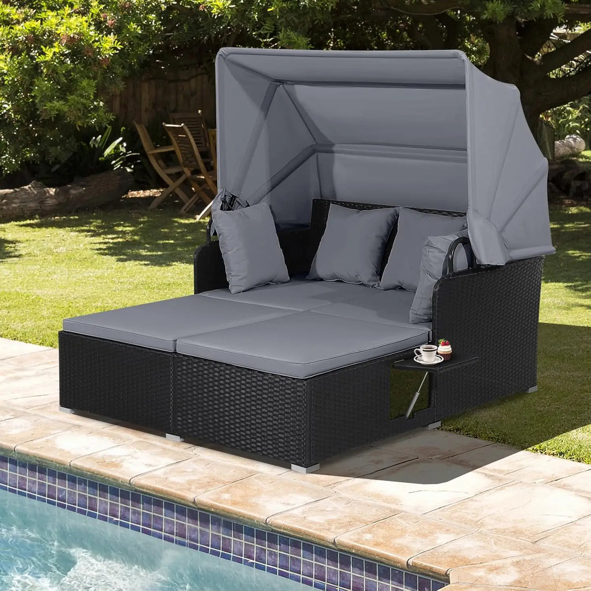 Outdoor Daybed, 2-Person Wicker Patio Sofa with Retractable Canopy, Cushions & Pillows, 2 Side Trays, PE Rattan Double, Custom