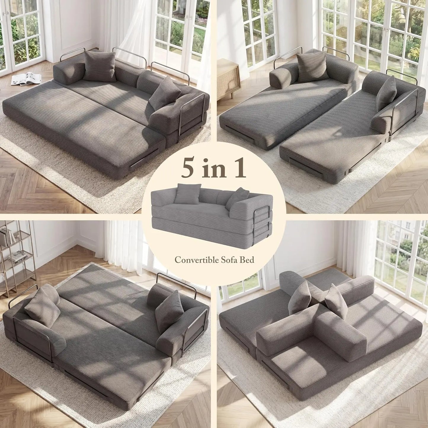 5-in-1 Convertible Sofa Bed Pull-Out Sleeper 70in High-Density Sponge Corduroy Futon Living Room Gray Customized