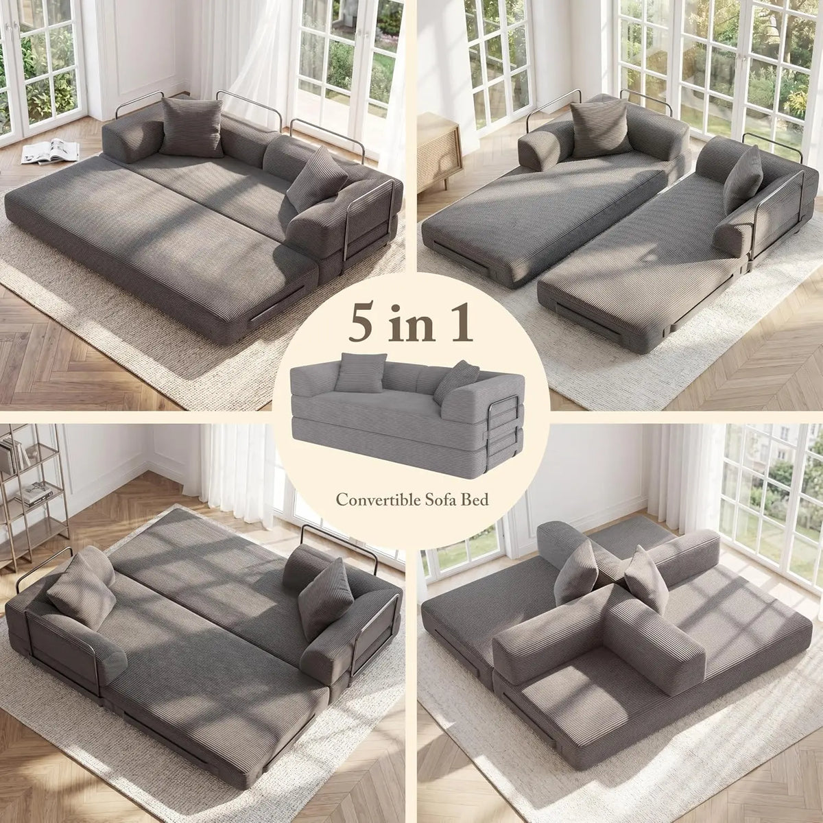 5-in-1 Convertible Sofa Bed Pull-Out Sleeper 70in High-Density Sponge Corduroy Futon Living Room Gray Customized