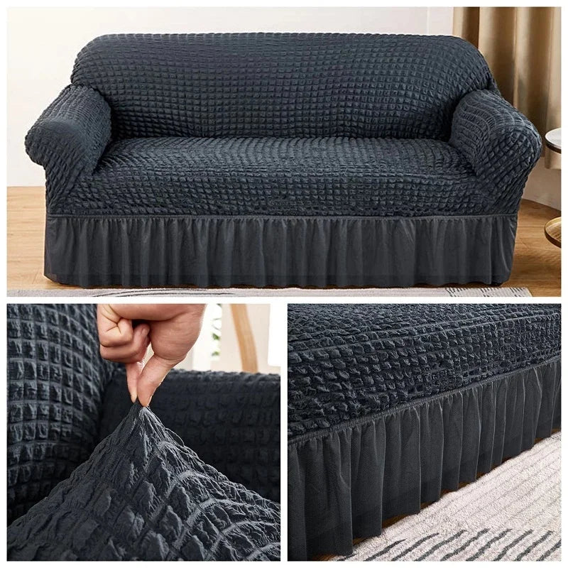 1 Seater Seersucker Sofa Cover with Elastic Skirt Stretch Sofa Protector Removable Slipcover Armchair Cover Elastic Couch Cover