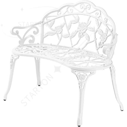Outdoor patio bench, cast aluminum frame with antique finish, a garden rose bench