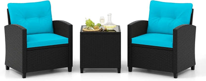 3 Pieces Patio Furniture Set, PE Rattan Wicker 3 Pcs Outdoor Sofa Set w/Washable Cushion and Tempered Glass Tabletop,Garden Sofa