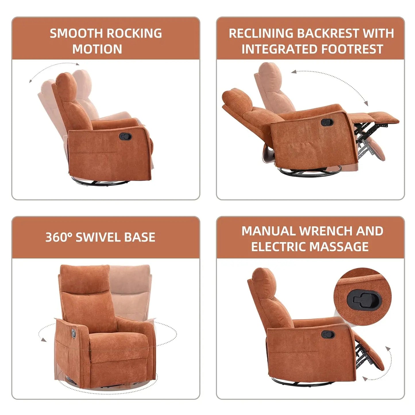 360 Swivel Rocking Recliner Chair for Adults, Nursery Rocking Chair with Heat and Massage, Glider Reclining Chair, Customized