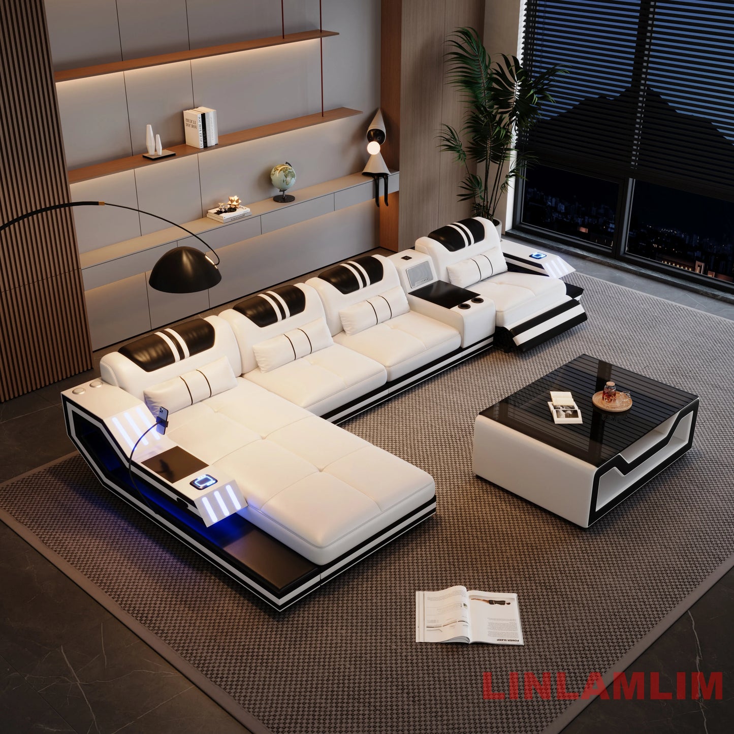 Convertible Genuine Leather Sectional Sofa Bed with Adjustable Headrests, Electric Recliners, Storage, Speakers, USB & LED Light
