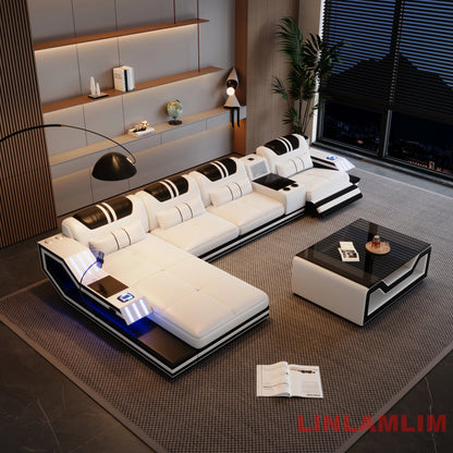 Convertible Genuine Leather Sectional Sofa Bed with Adjustable Headrests, Electric Recliners, Storage, Speakers, USB & LED Light